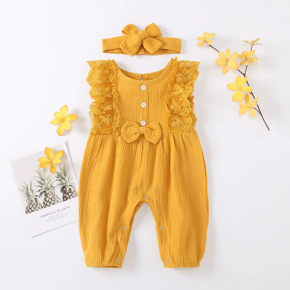 LunaLinen – Baby Girl Cotton Romper & Headdress Set